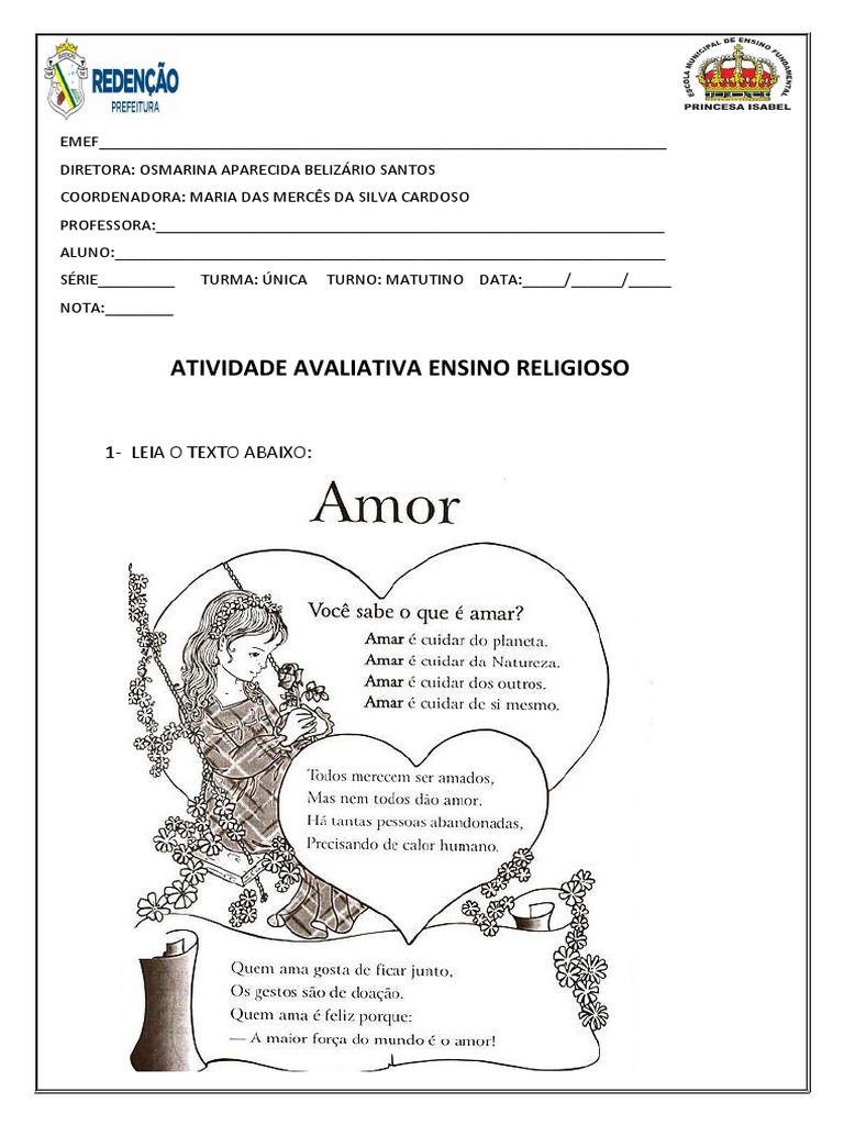 Atividade Avaliativa Ensino Religioso 3° Ano | PDF | Textos religiosos ...