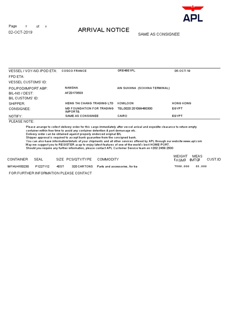 Arrival Notice for COSCO Shipment | PDF
