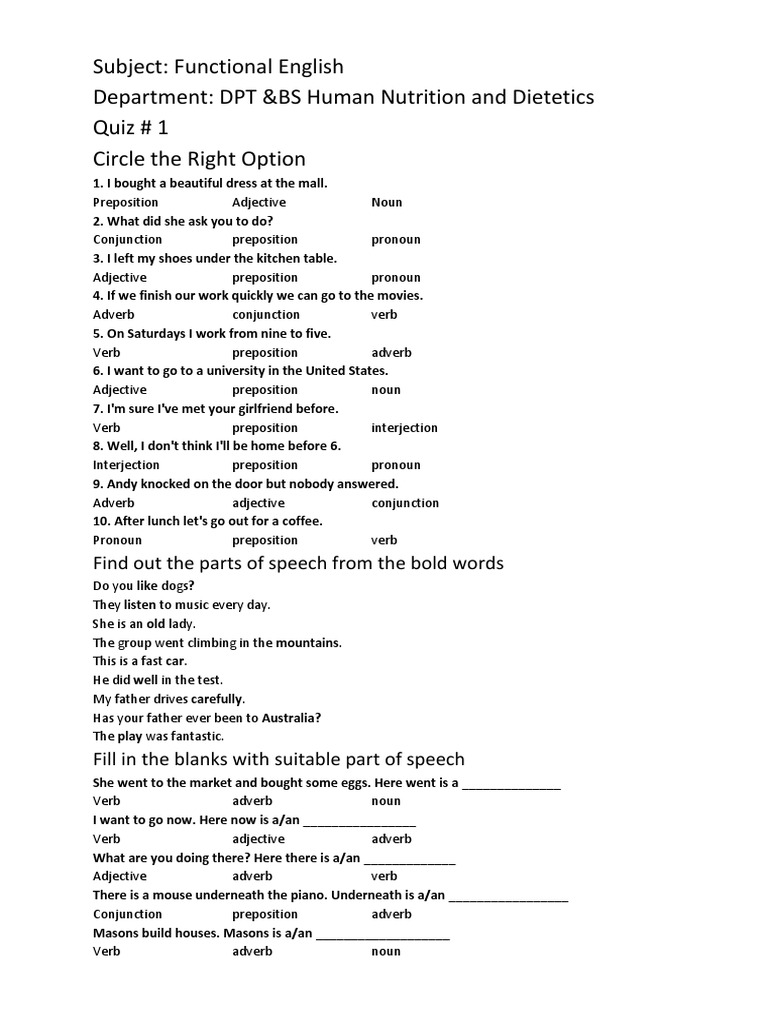 Parts of Speech Quiz PDF Adverb Part Of Speech