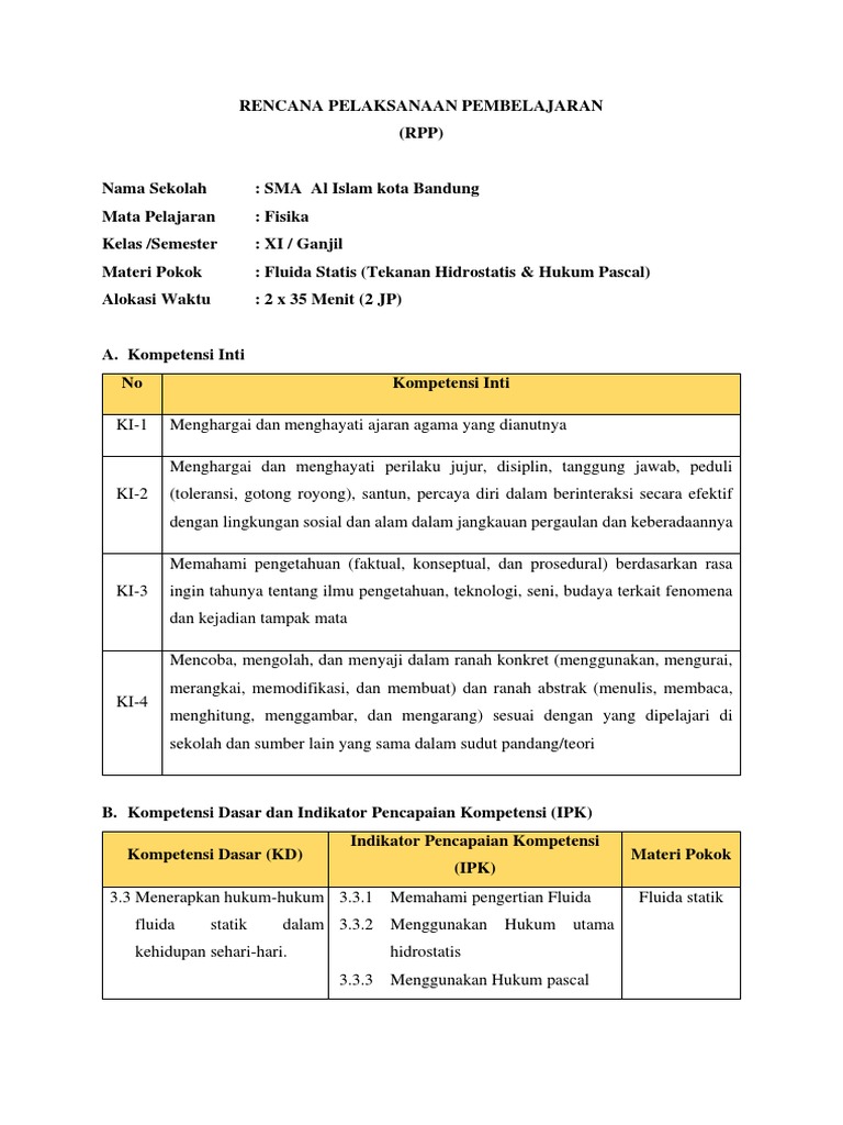RPP Pembelajaran Fluida Statis Fisika | PDF