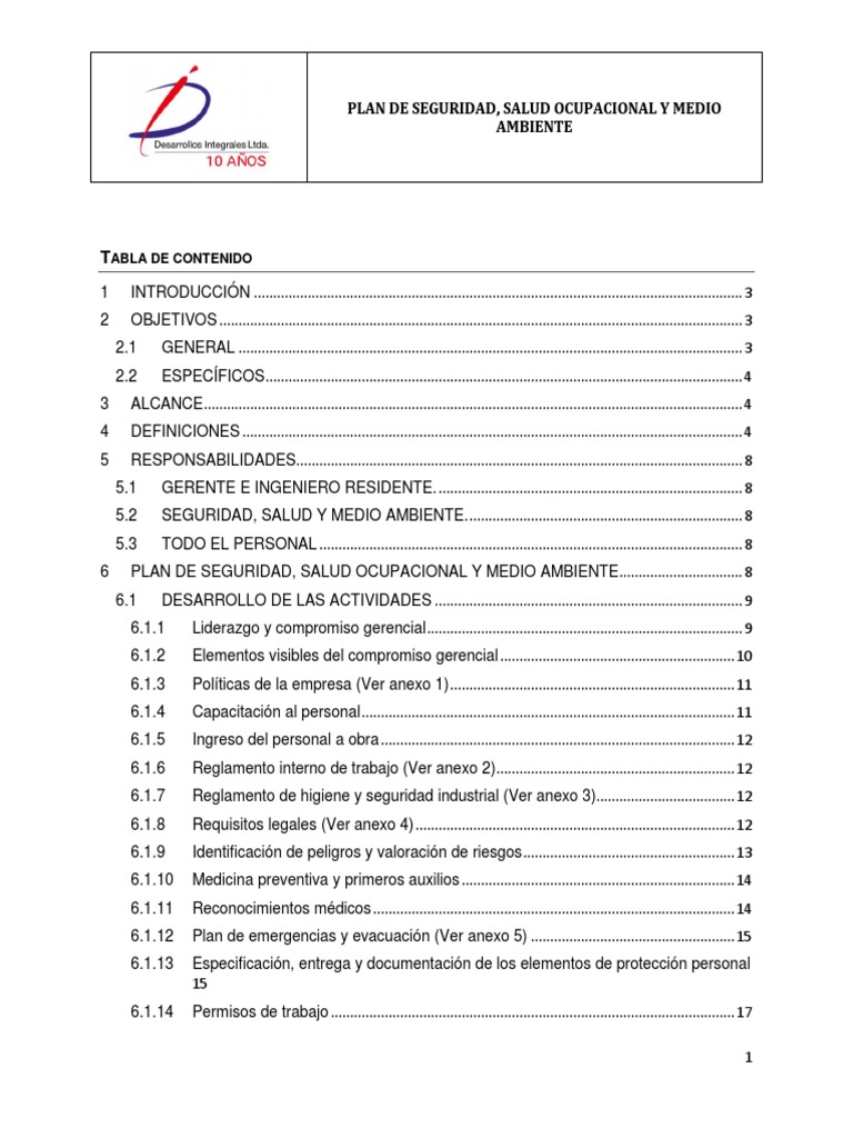 Plan de Seguridad y Salud Ocupacional | PDF | Seguridad y salud ...