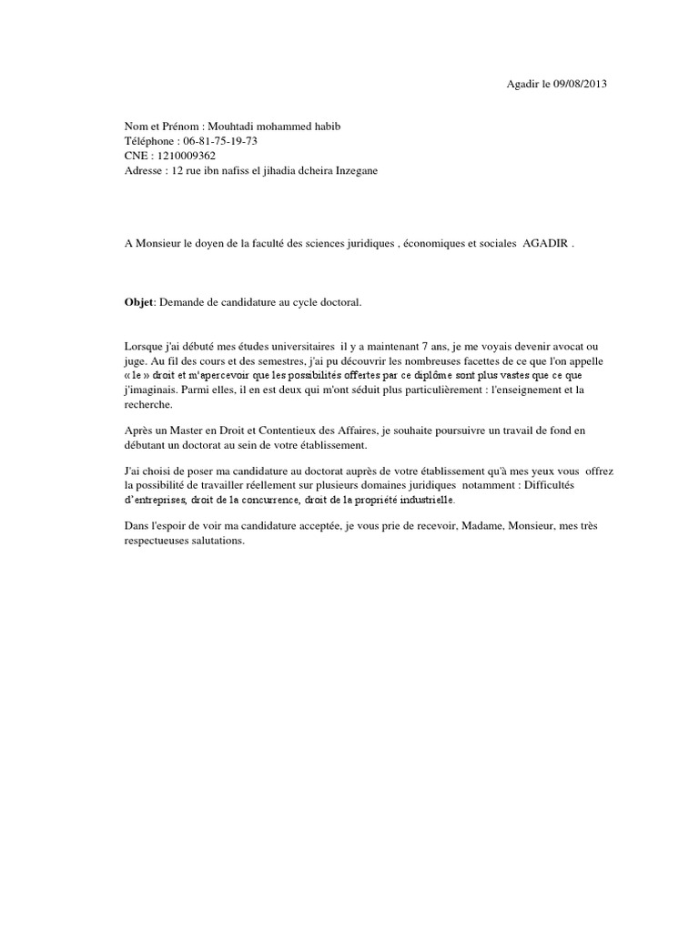 Exemple Demande Manuscrite Adressée à Monsieur Le Doyen De La Faculté