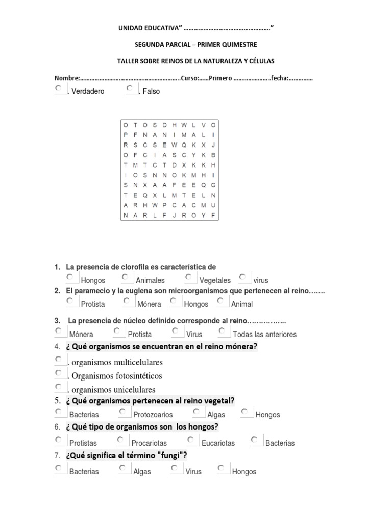 Test Sobre Reinos de La Naturaleza Primeros | PDF | Algas | Plantas