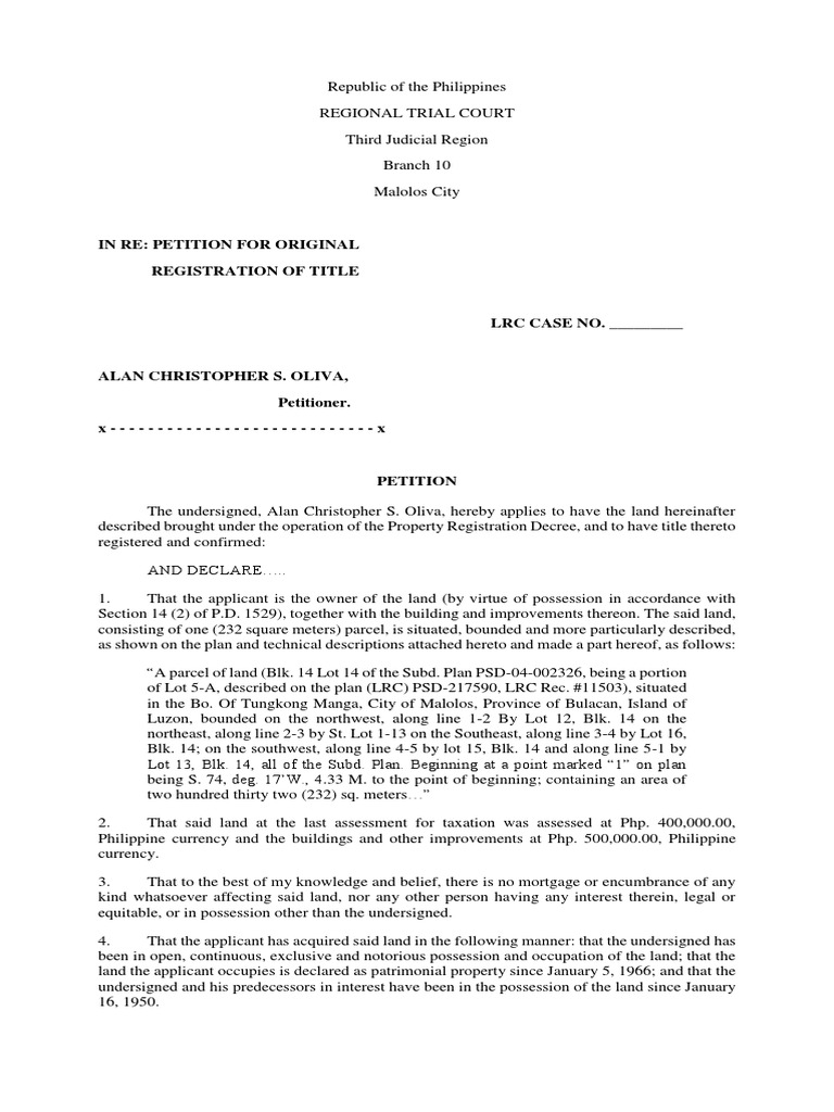 Sample Application for Land Registration Common Law Politics