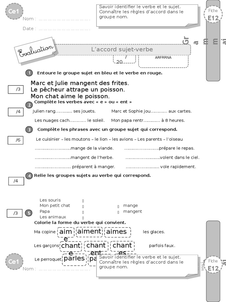 Le Sujet Du Verbe Ce1 Exercices Pdf Ce1 Evaluation Accord Verbe | PDF | Organismes | Nourritures