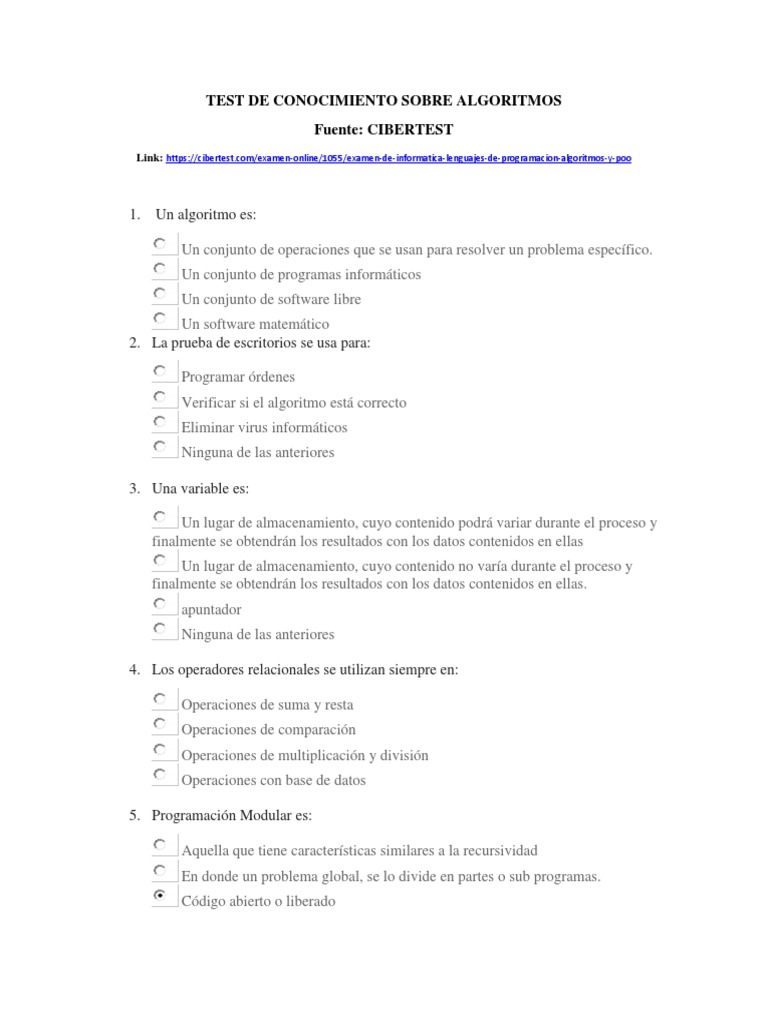 Test de Algoritmos y Programación | PDF | Objeto (informática ...