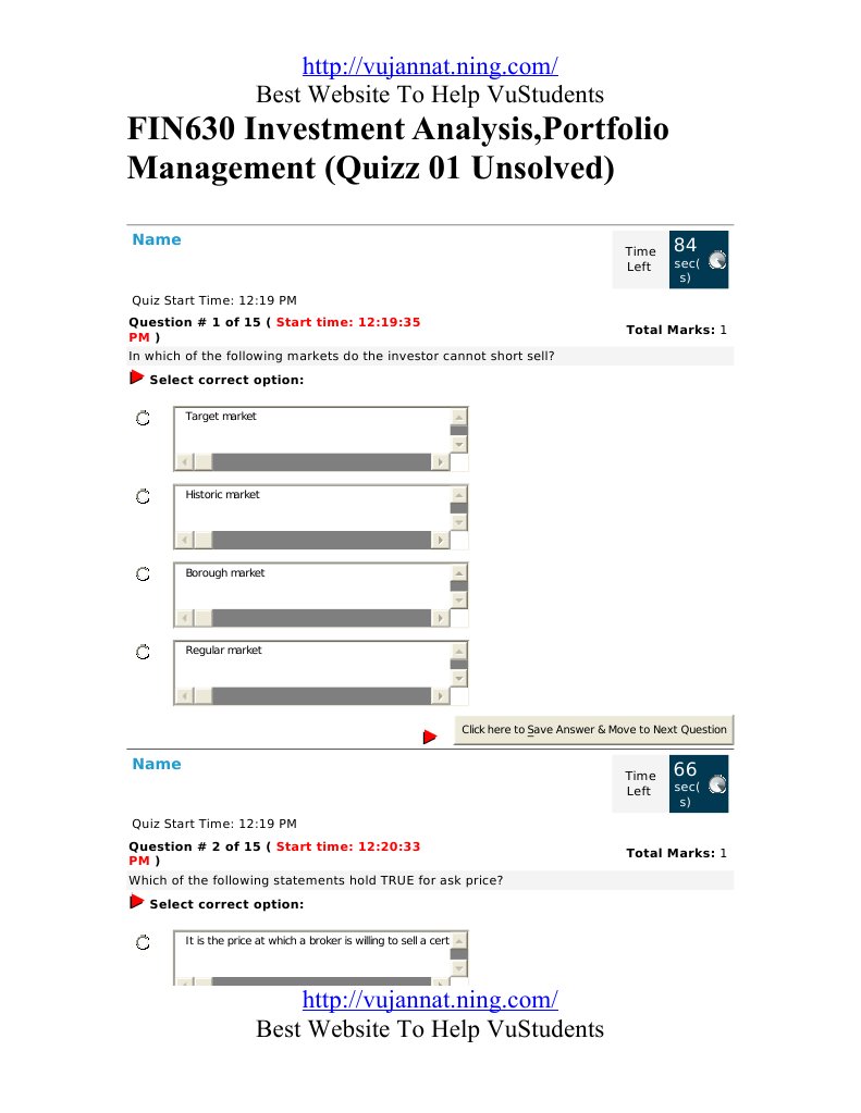 FIN630 Quiz Solution PDF Stocks Option (Finance)