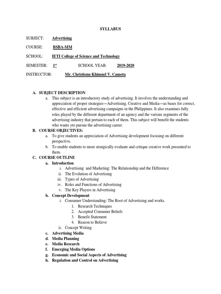 Syllabus of Advertising PDF Advertising Case Study