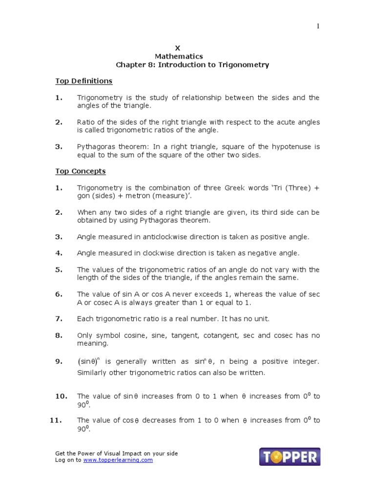 X Math Ch8 Introduction To Trigonometry Chapter Notes Nov | PDF ...