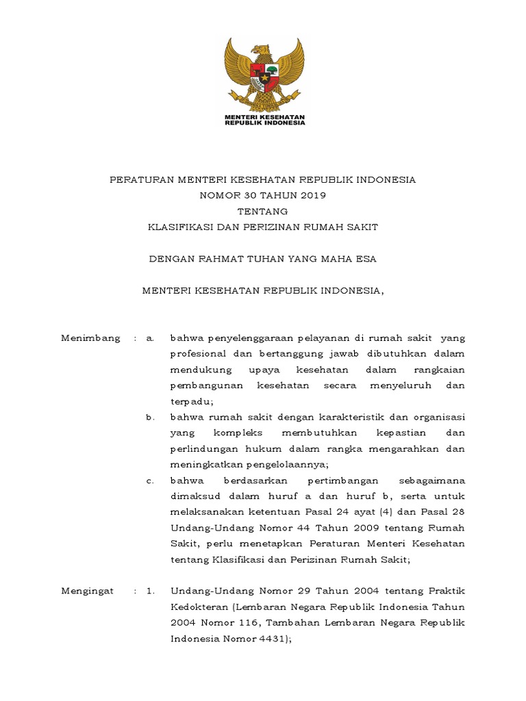 PMK No 30 TH 2019 TTG Klasifikasi Dan Perizinan Rumah Sakit PDF | PDF