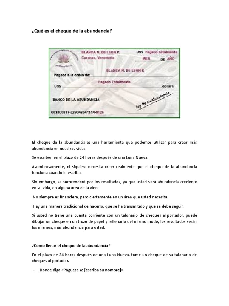 Qué Es El Cheque de La Abundancia | Descargar gratis PDF | Cheque | Dinero