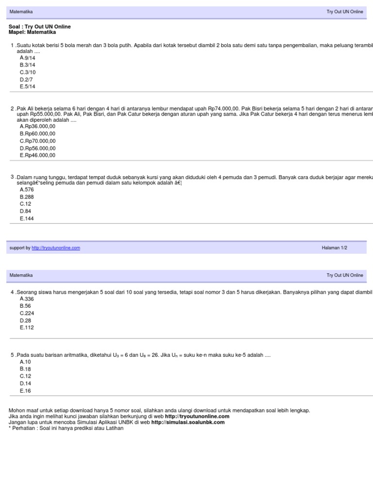 Soal Try Out Un Online Matematika 1