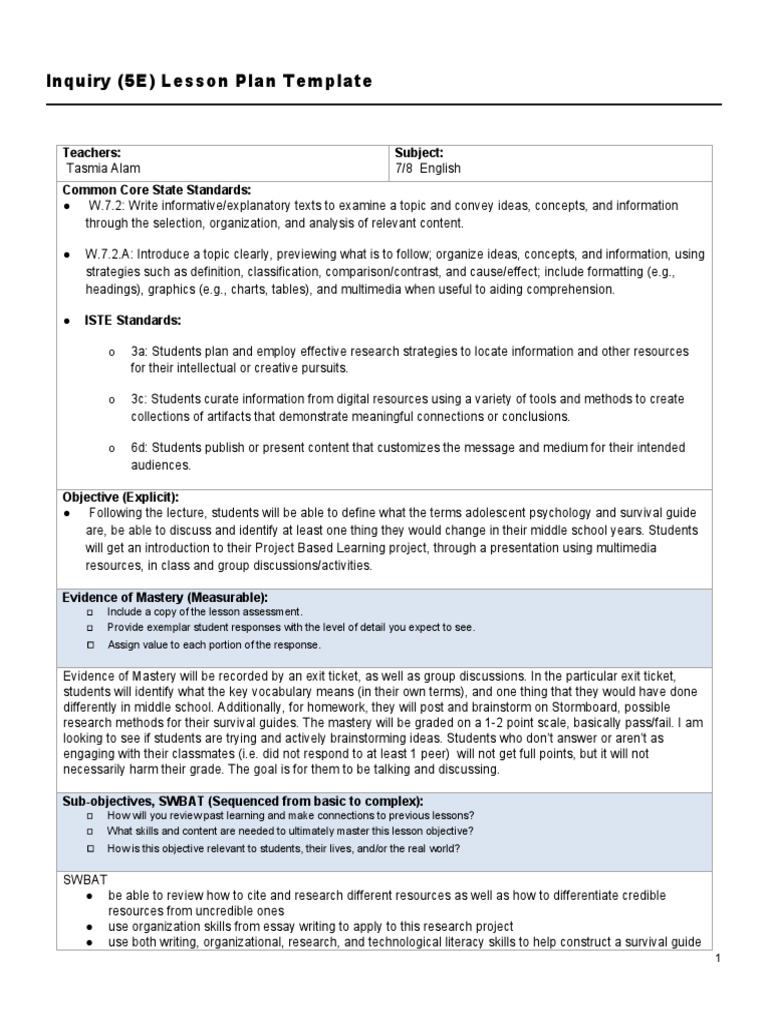 7th/8th Grade Inquiry Lesson Plan | PDF | Inquiry Based Learning | Teachers