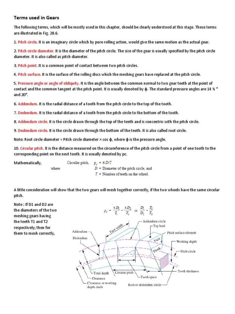 Key Terms Related to Gears Definitions of Pitch Circle, Pitch Diameter