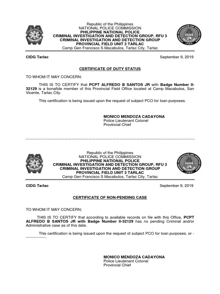 Certificate of Duty Status for PNP Personnel | PDF