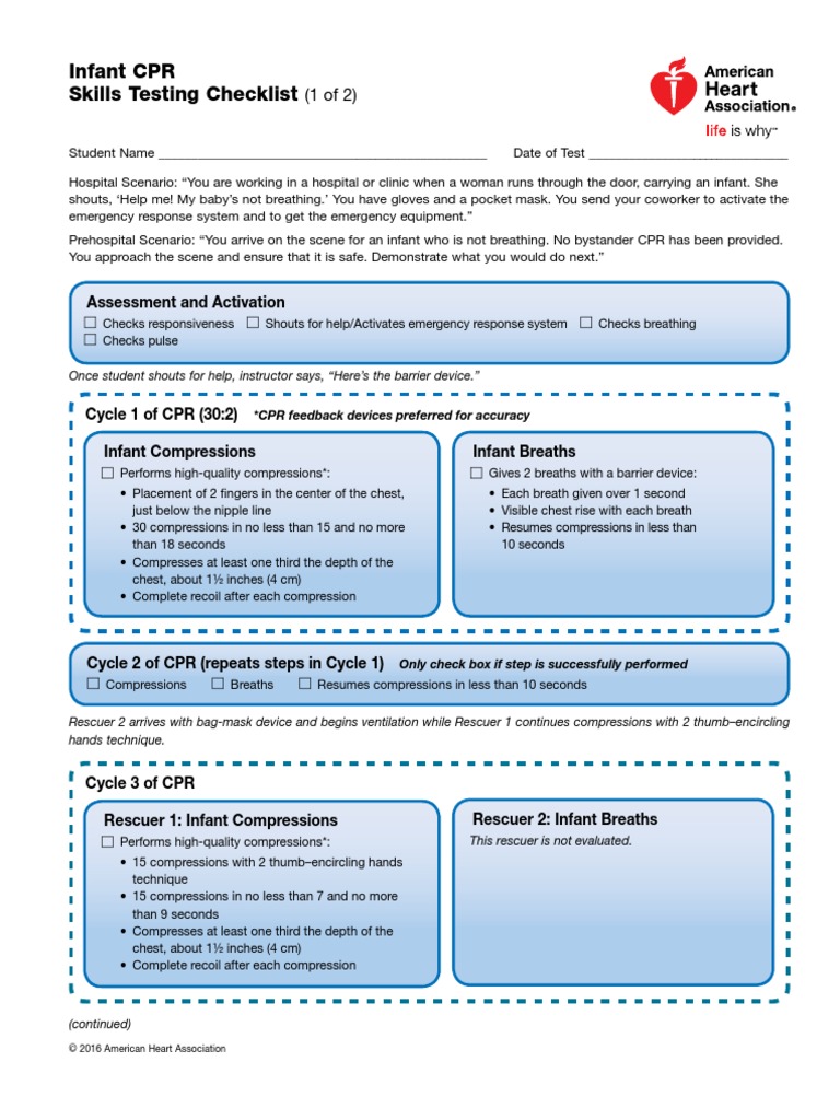 BLS Course Infant CPR Skills Testing Checklist PDF Cardiopulmonary