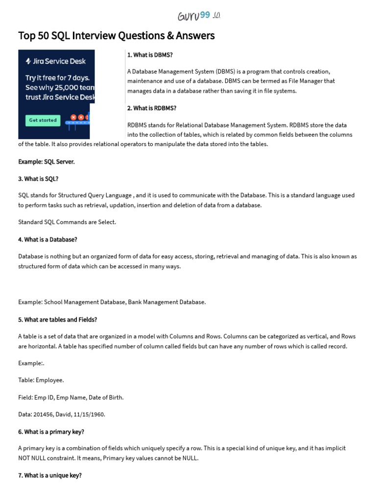 Top 50 SQL Interview Questions & Answers | PDF | Database Index ...