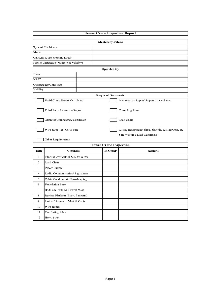 Tower Crane Inspection and Fitness Report | PDF | Crane (Machine ...