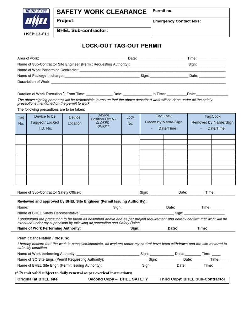 HSEP12F11 Lockout Tagout Permit | PDF | Safety | Government