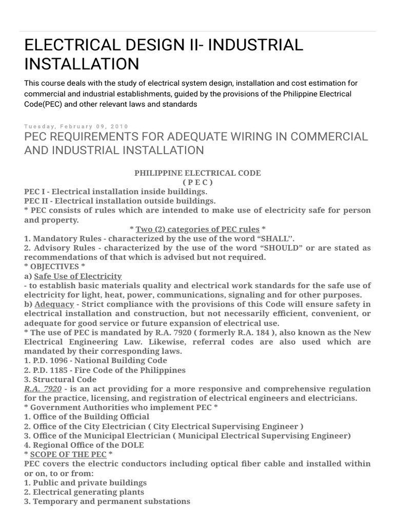 PEC Guidelines for Electrical Design | PDF | Electrical Wiring | Fuse ...