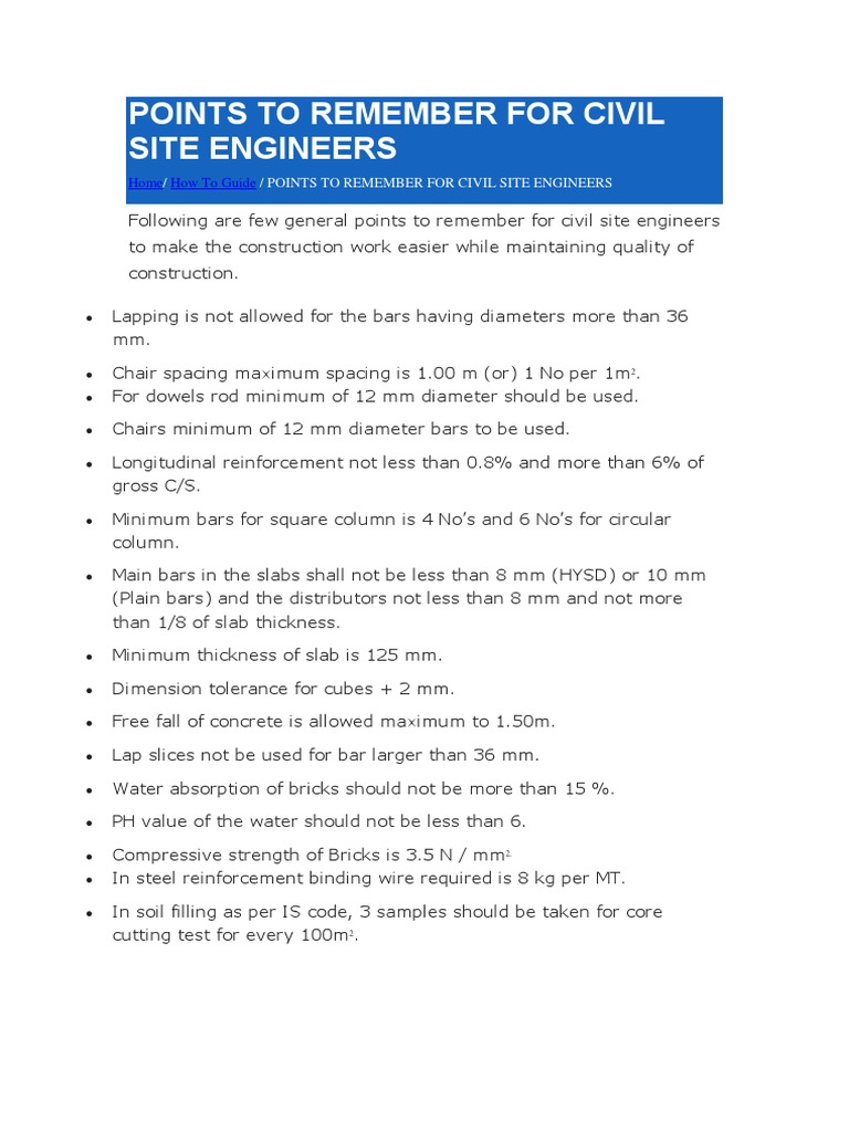 Points To Remember For Civil Site Engineers | PDF | Concrete | Building ...