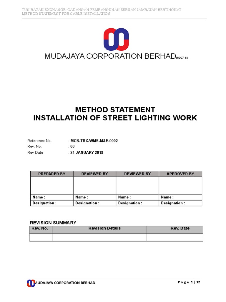 Method Statement - Street Lighting Installation | PDF | Traffic | Road