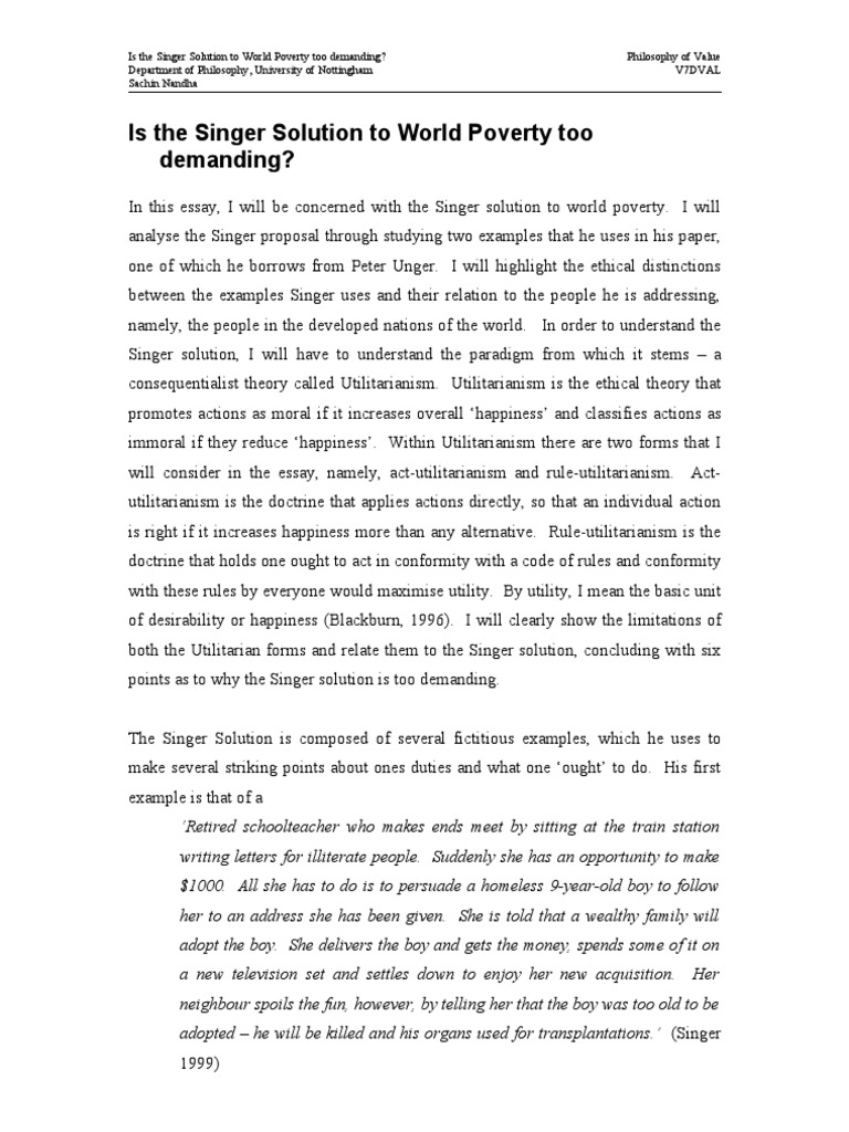 Summary Of The Singer Solution To World Poverty