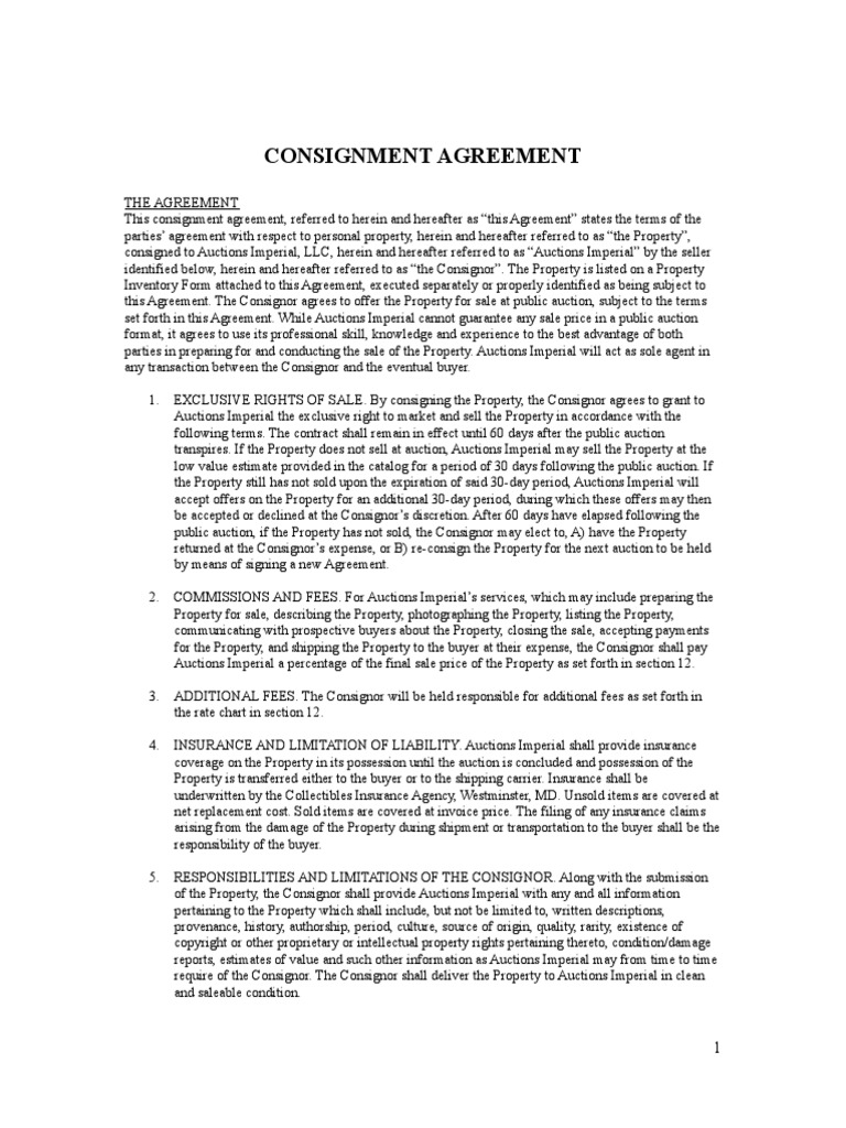 Consignment Agreement for Auctions | PDF | Indemnity | Auction