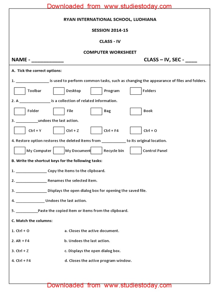 computer worksheet for class 4 operating system technology ibm pc