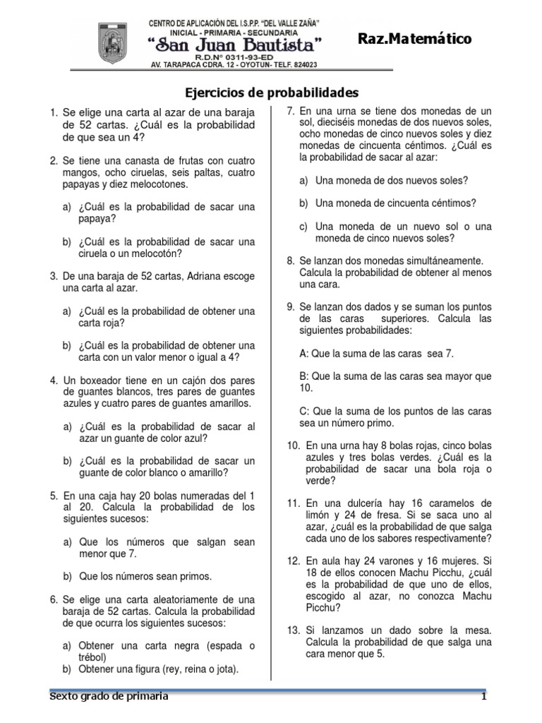 Ejercicios de Probabilidad para Sexto Grado | PDF | Probabilidad | Ocio