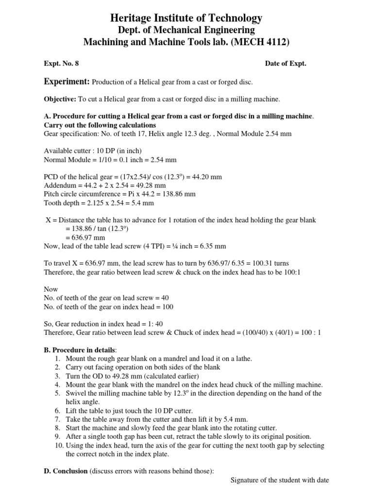 Exp 8 Helical Gear Cutting by Milling MECH 4112 PDF Gear