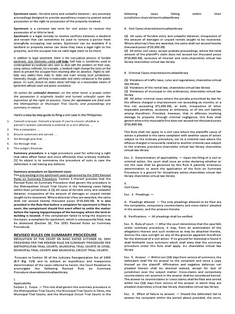Ejectment Case Procedures in the Philippines | PDF | Complaint | Pleading