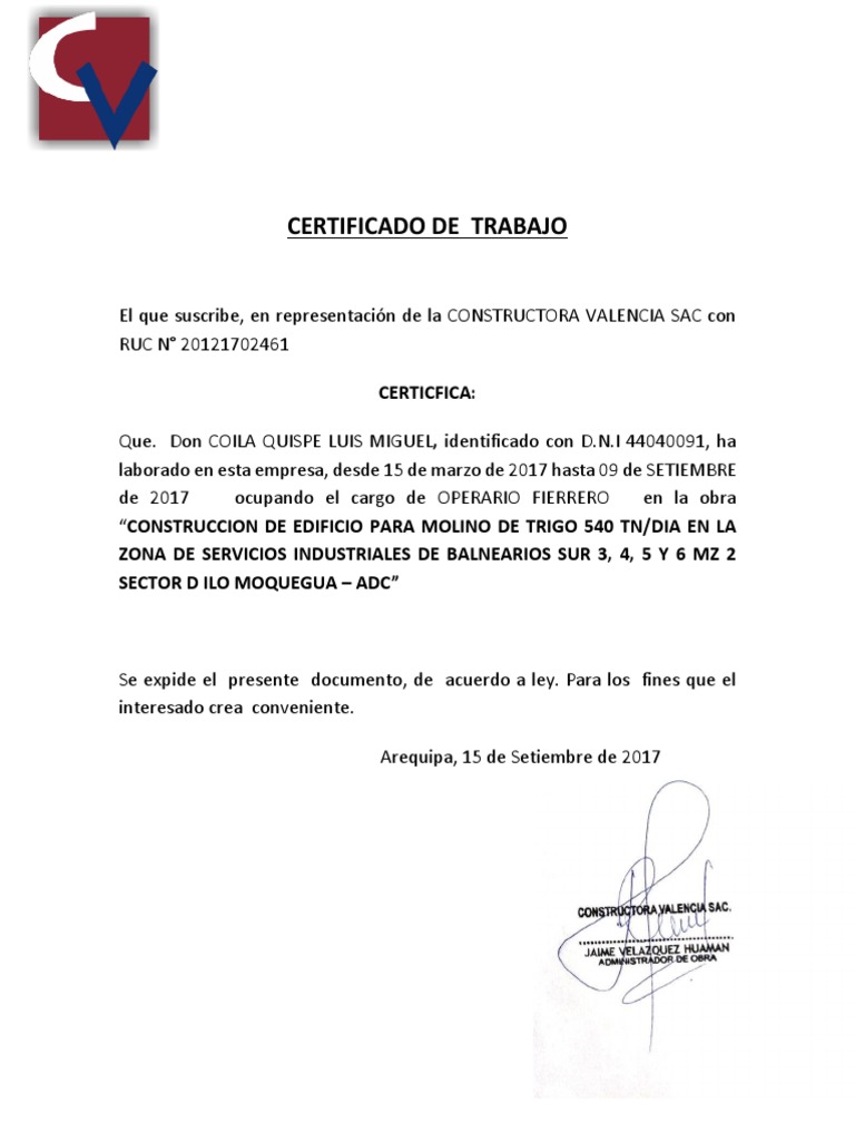 Modelo Certificado de Trabajo Operario Fierrero | PDF