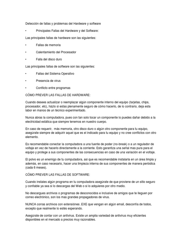 Deteccion De Fallas En El Software Y Hardware Pdf Software
