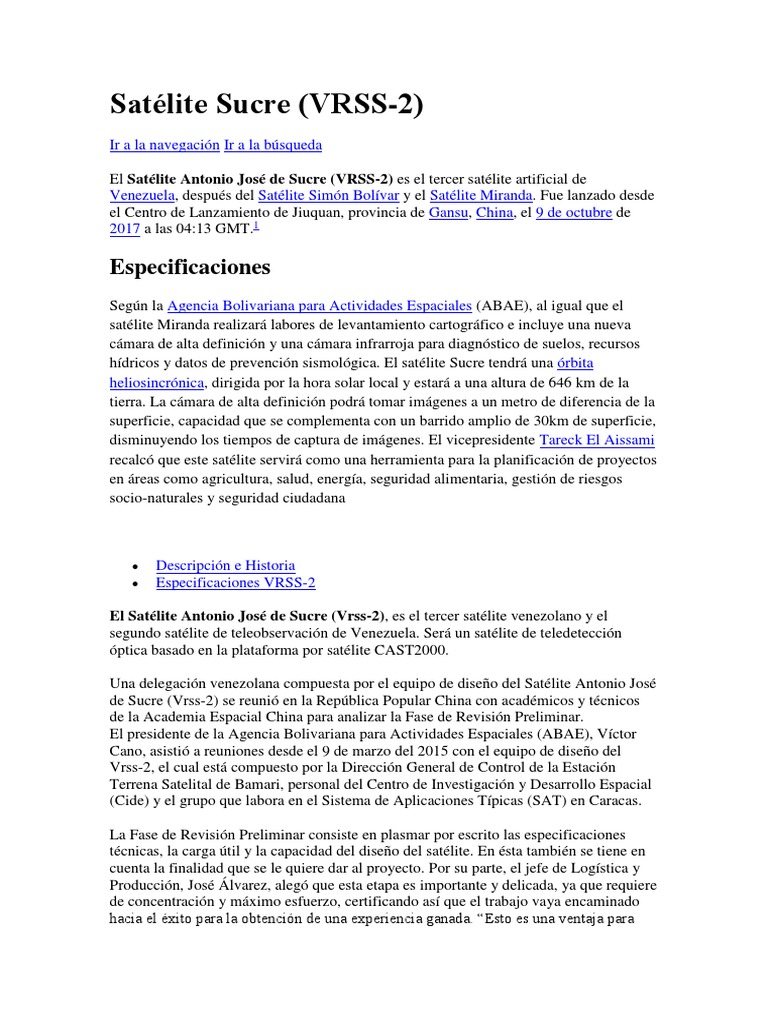 Importancia del Satélite Sucre (VRSS-2) | PDF | Espacio exterior ...
