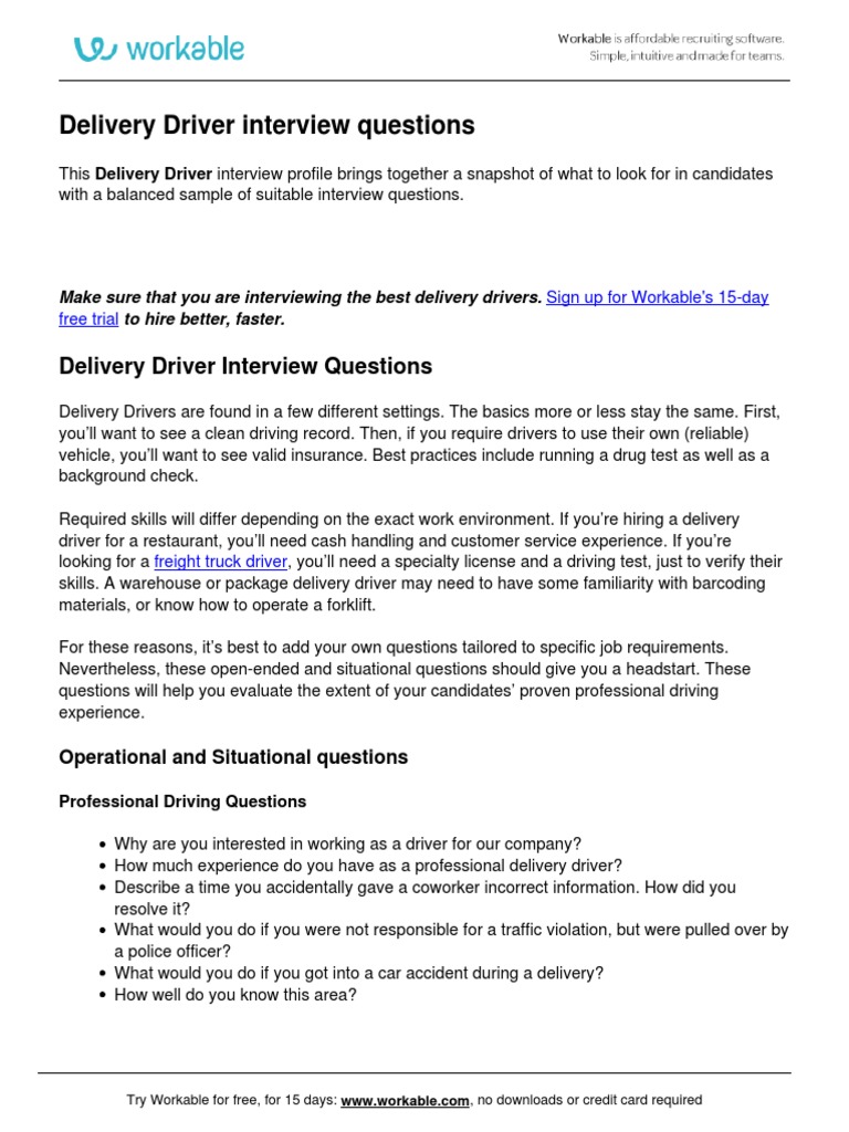 Delivery Driver Interview Questions PDF Truck Driver Interview