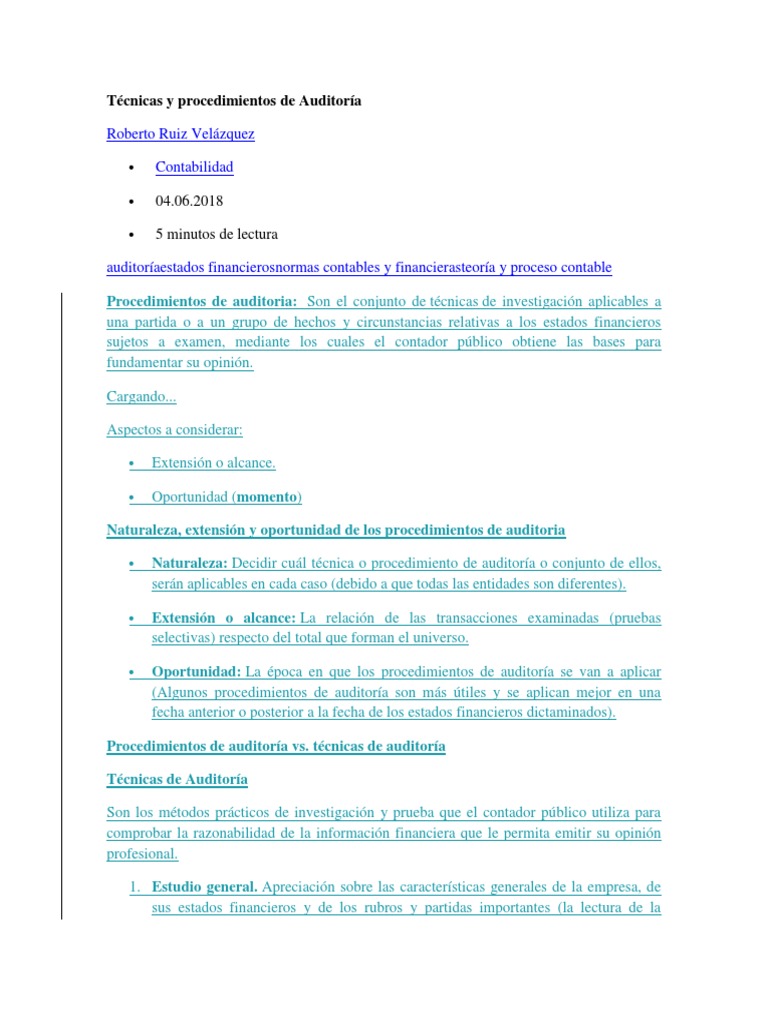 Procedimientos y Técnicas de Auditoría | PDF | Auditoría financiera ...