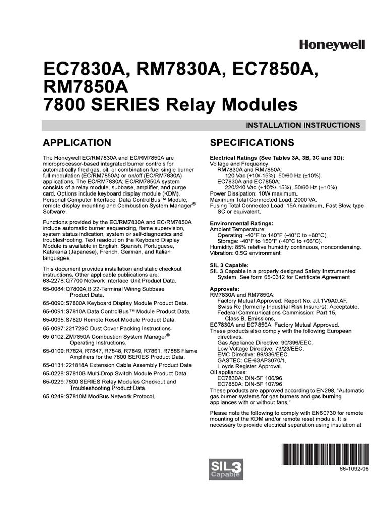 Honeywell - EC7830A, RM7830A, EC7850A, RM7850A 7800 SERIES Relay ...
