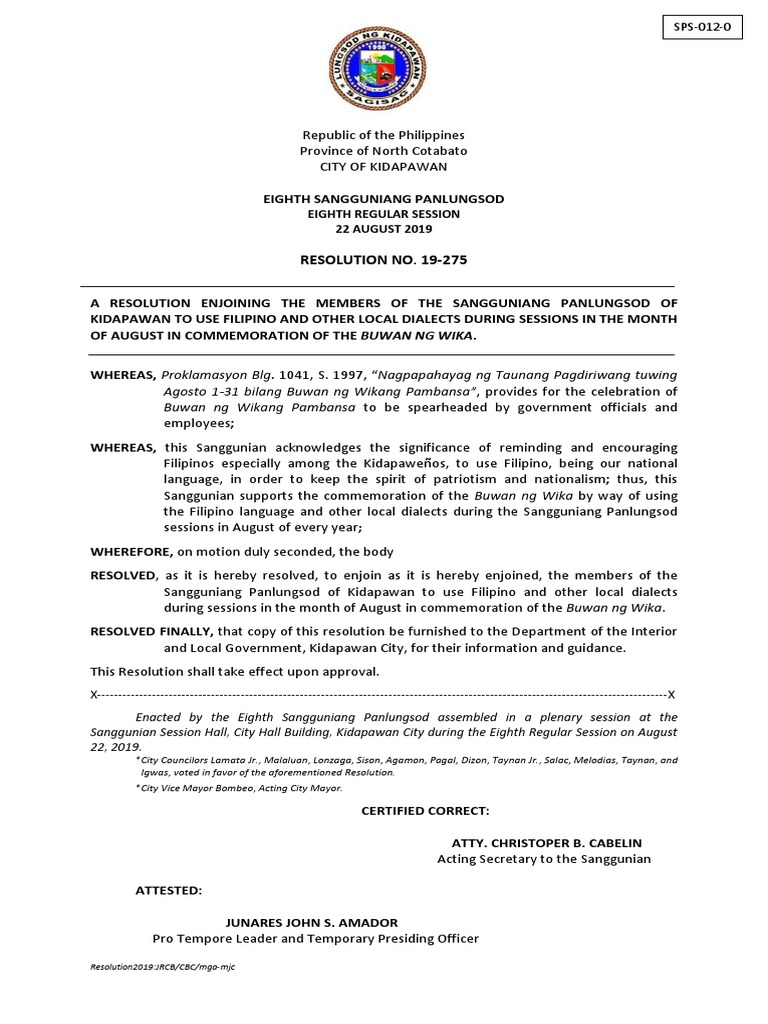 Resolution for Buwan ng Wika 2019 | PDF | Philippines | Government