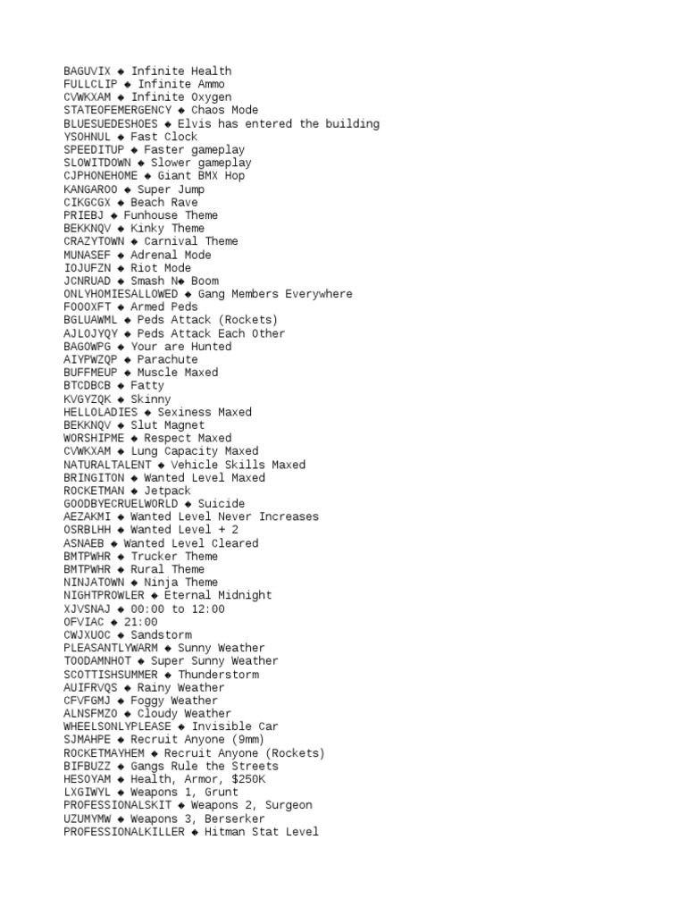 GTA San Andreas Cheats PDF Vehicles Transport