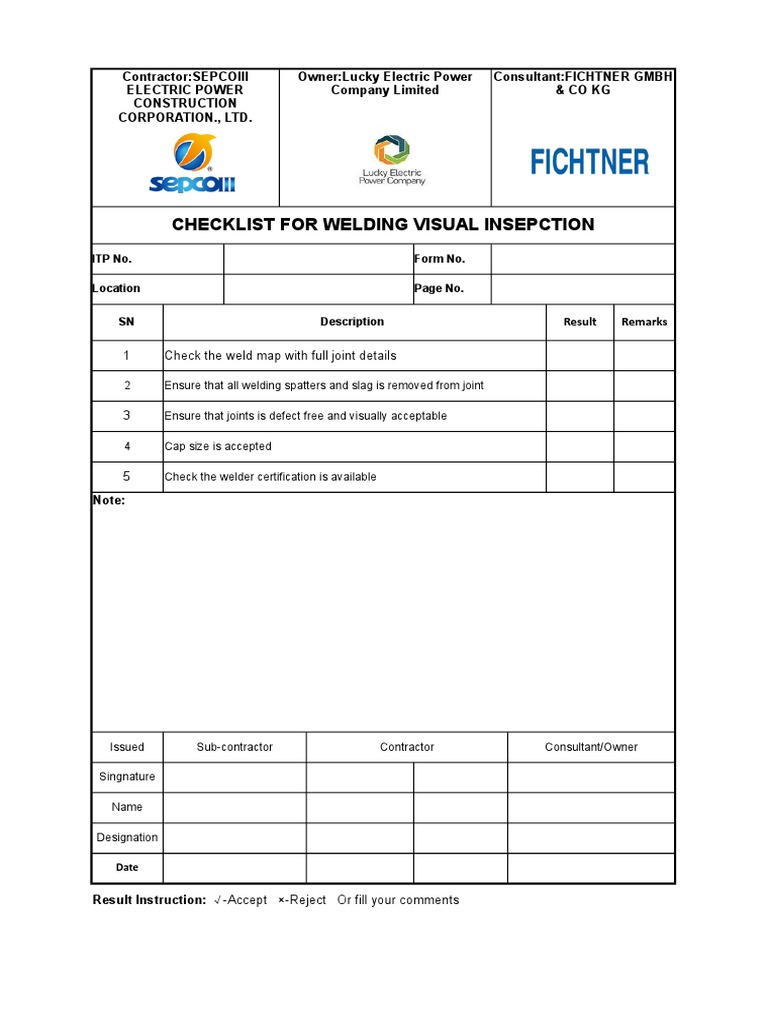 Checklist for Welding Visual Inspection