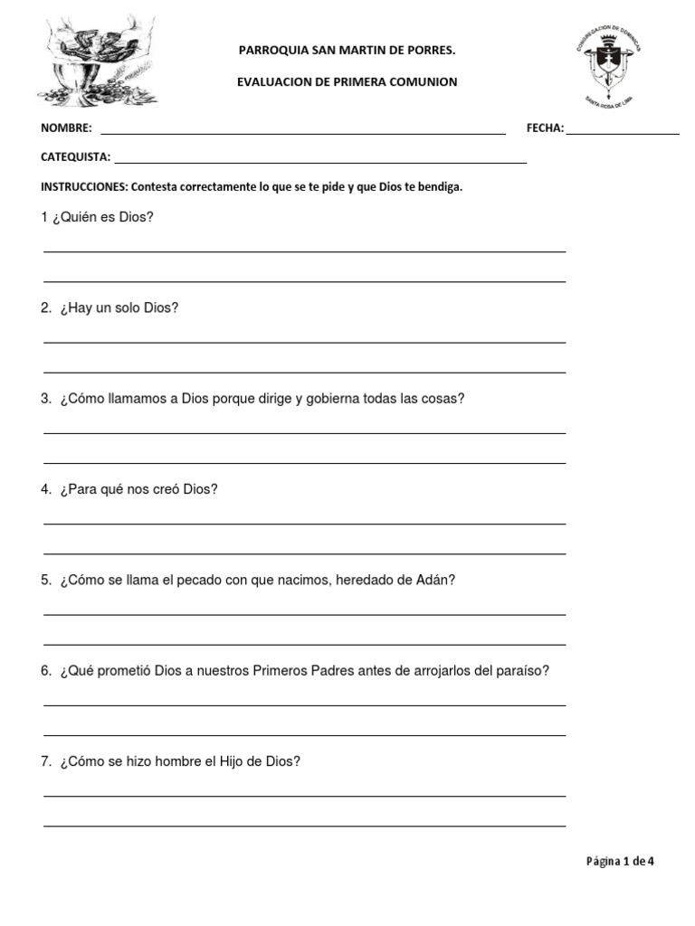 Primera Comunion Examen PDF eucaristía Sacramentos