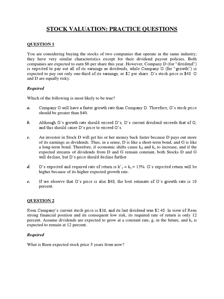 Stock Valuation Practice Questions | PDF | Beta (Finance) | Stocks