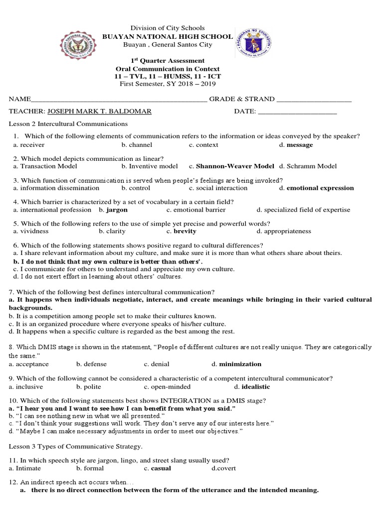 1st Periodical Exam Oral Communication in Context With Answer Key