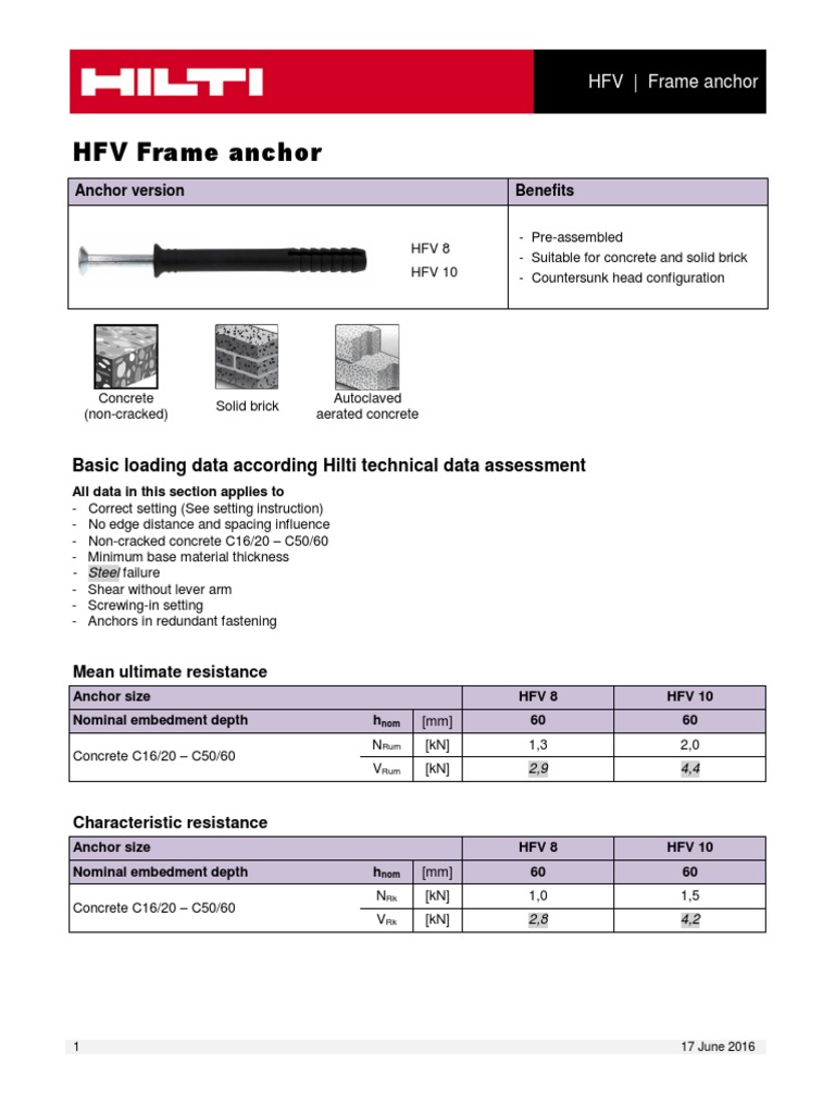 HFV Frame Anchor Technical Specifications and Installation Guidelines
