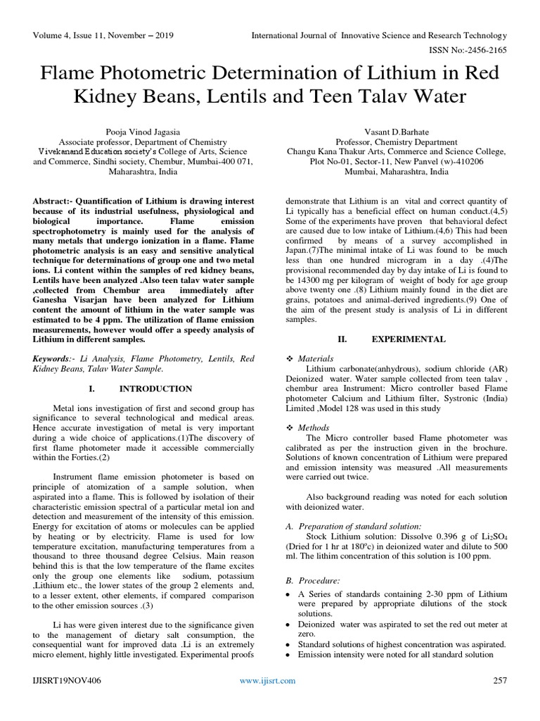 Flame Photometric Determination of Lithium in Red Kidney Beans, Lentils