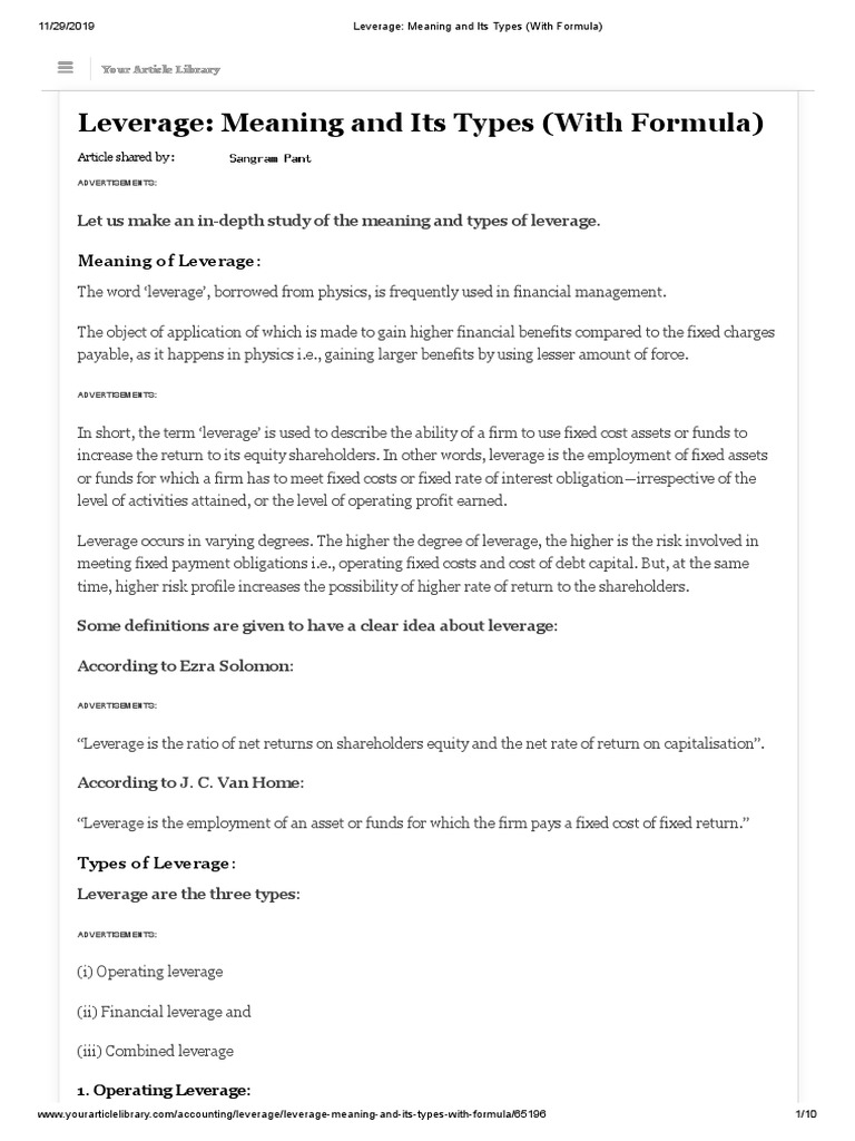 2.leverage - Meaning and Its Types (With Formula) PDF | PDF | Leverage ...