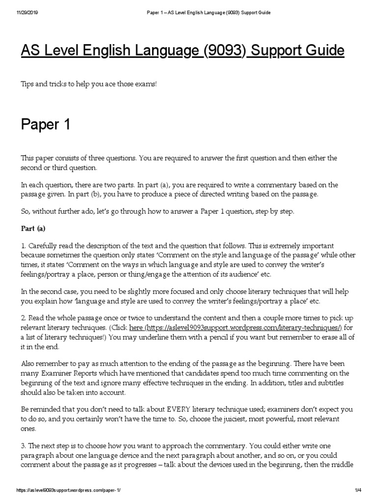 Paper 1 As Level English Language (9093) Support Guide PDF