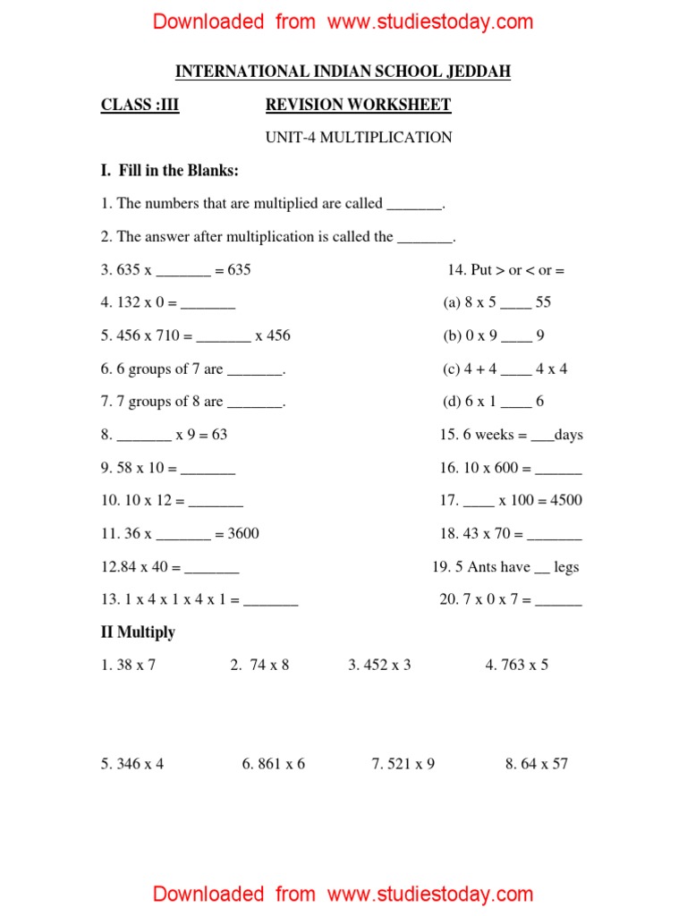 Maths Worksheet Class 3 | PDF