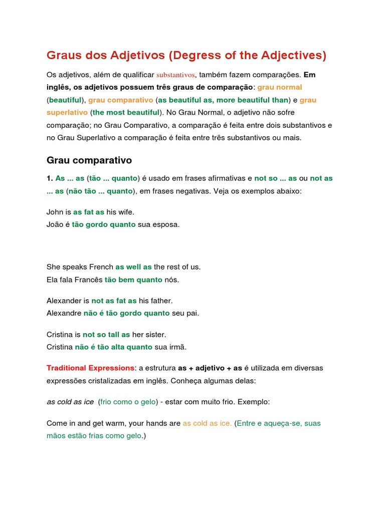Graus de Comparação dos Adjetivos em Inglês | PDF | Adjetivo | Relações ...